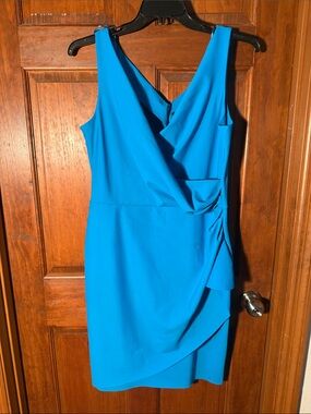 Alex Evenings One-Shoulder Turquoise Sheath Dress